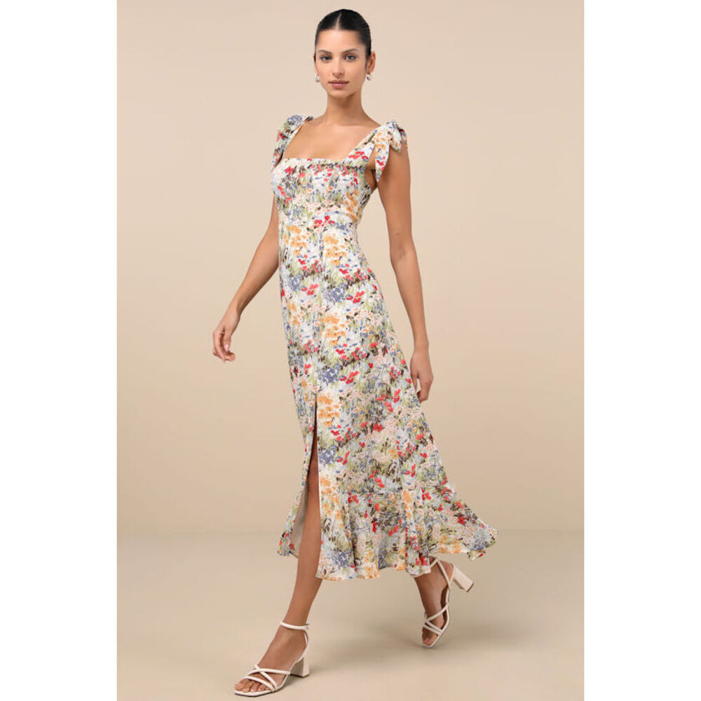 Lulus Summer Invite White Multi Floral Tie-strap Tiered Midi Dress - Size M